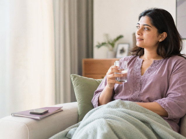 Indian woman resting comfortably during recovery after an egg freezing procedure